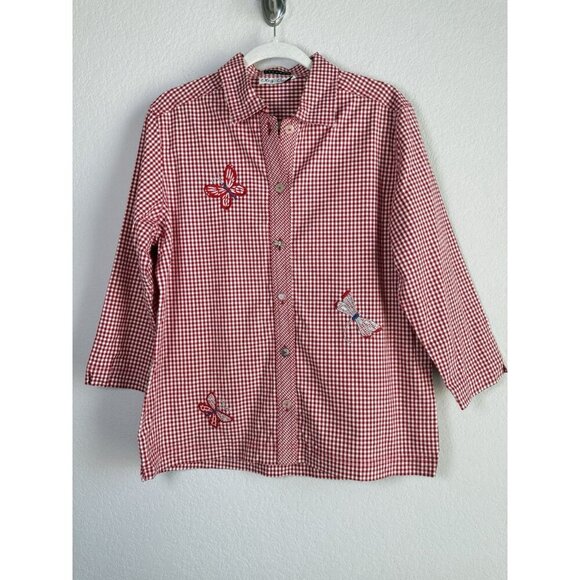 Oleg Cassini Vintage Stretch Dragonflies Gingham Red White‎ Women’s Top Size M - Picture 5 of 10